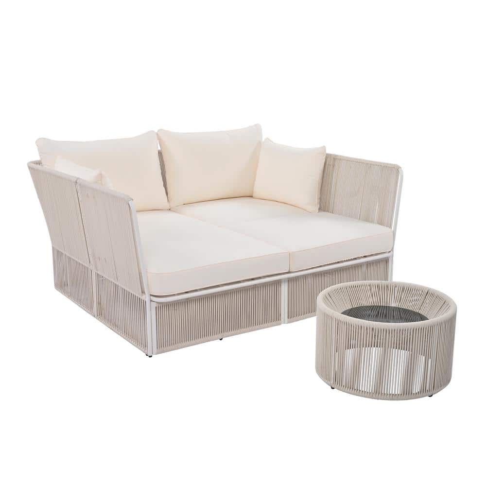 Wicker Outdoor Day Bed with Beige Cushions, 2-Piece Outdoor Sunbed and Coff