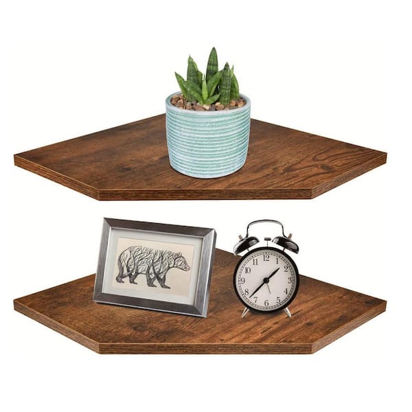 Cubilan 16.5 in. W x 10.4 in. D Rustic Brown Wood Decorative Wall Shelf Corner Shelf Wall Mount, Set of 2
