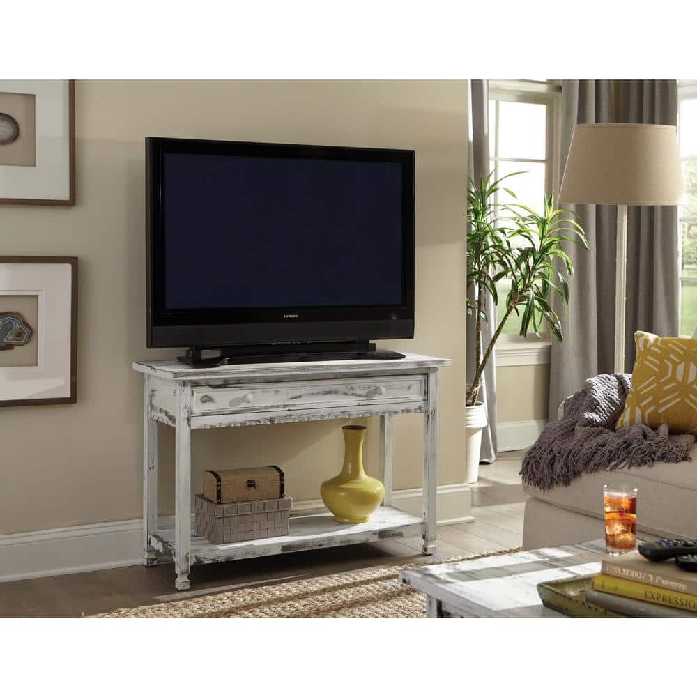 Antique White Cottage-Inspired Media Console with Storage Shelf