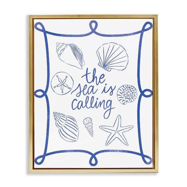 Stupell Industries Sea Is Calling with Shells by Taylor Shannon Designs Gold Floater Frame Coastal Graphic Art Print 31 in. x 25 in.