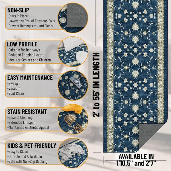 Stair Runner Rug 1 ft. 10.5 in. x 17 ft. - Soft Area Runner for Hallway, Entryway, Living Room, Navy