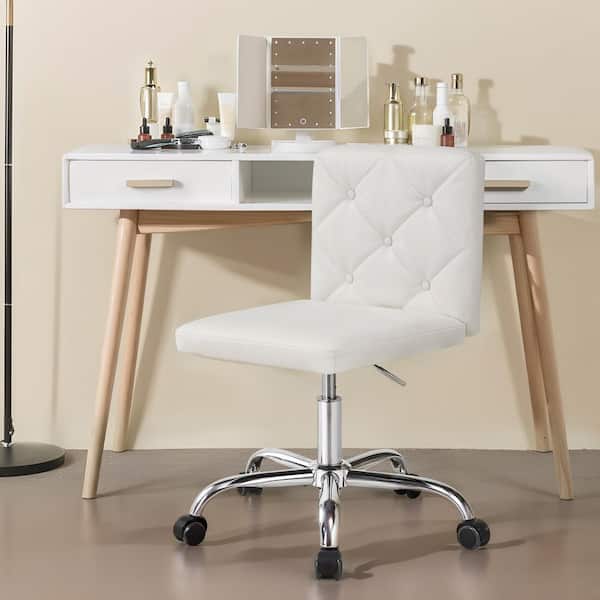 Armless Desk Chair Faux Leather Task Chair Home office Modern Swivel Adjustable Rolling Chairs White Office Stools