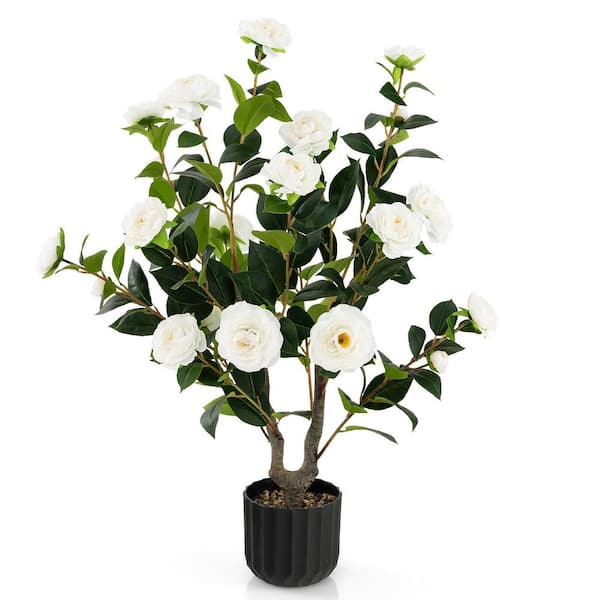 Gymax 38 in. White Artificial Camellia Tree Topiary Faux Floral Plant Fake Tree for Decoration in Pot