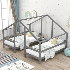 Gray Twin Size Double Triangular House Beds with Built-in Table