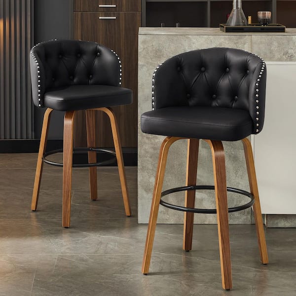 25.5 in. Black Faux Leather Upholstered Wood Frame Swivel Counter Height Bar Stool (Set of 2)