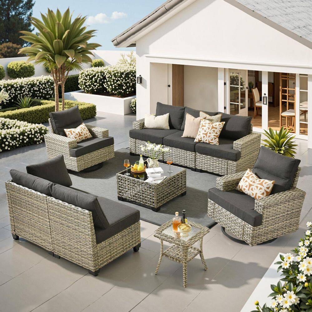 Silvae Gray 9-Piece Wicker Outdoor Sectional Set Patio Conversation Set with 2 Rocking Chair& Black Cushion & Table