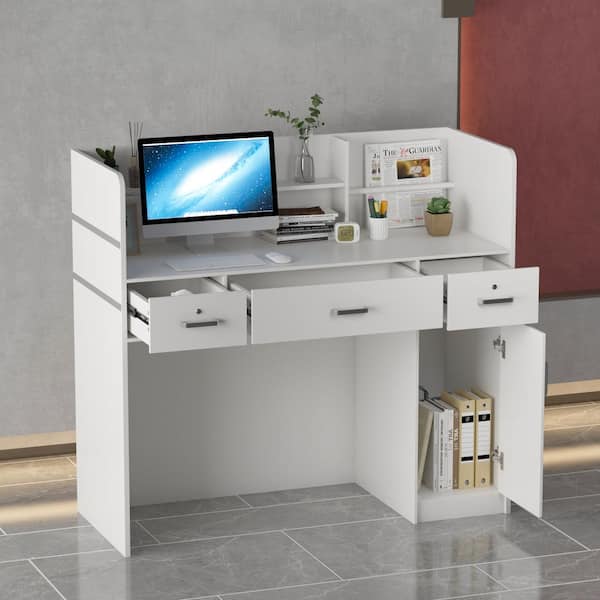 47.2 in. Rectangle White Wood Writing Desk Reception Desk Executive Computer Workstation W/Lockable Drawers, Cabinet