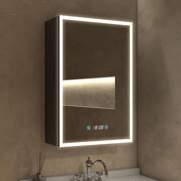 FAMYYT 20 in. W x 28 in. H Black Rectangular Aluminum Flowing LED Light Surface Mount Medicine Cabinet with Mirror, Right Hinge