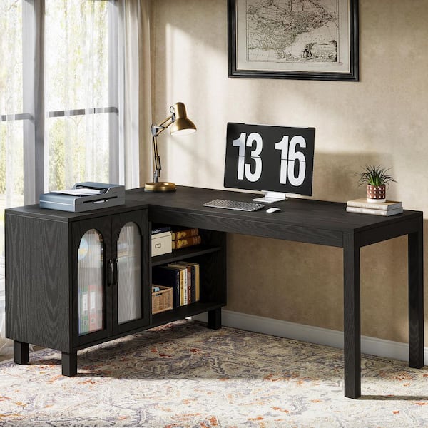 Halseey 59 in. L Shaped Black Wood Corner Computer Desk with Storage Shelves Cabinet Home Office Writing Working Study