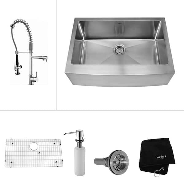 KRAUS All-in-One Farmhouse Apron Front Stainless Steel 30 in. Single Bowl Kitchen Sink with Faucet and Accessories in Chrome