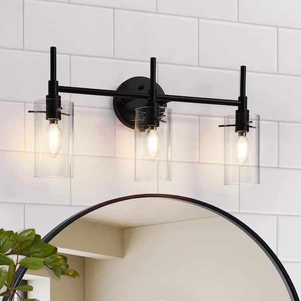 Modern Industrial 20 in. 3-light Matte Black Wall Sconce with Cylinder Clear Glass Shade, Vanity Light for Bathroom