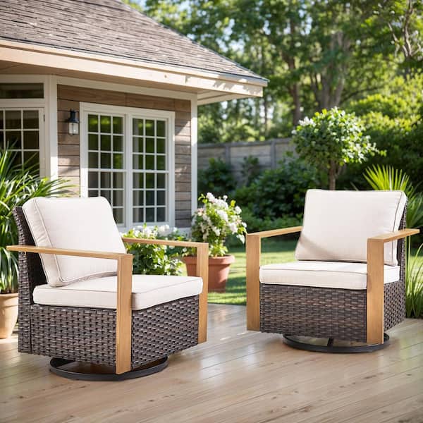Opohoro MetalWood Metal and Brown Wicker Outdoor Rocking Chair Patio Swivel Chairs with Olefin Beige Cushions (2-Pack)