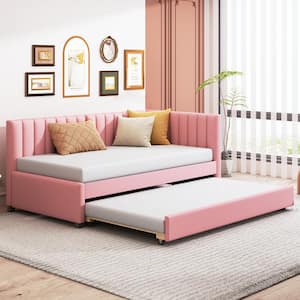 Pink Wood Twin Size Linen Upholstered Daybed, Sofa Bed with Channel-Tufted Backrest and Twin Size Trundle