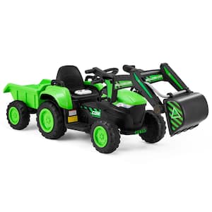 9 in Boys' Electric Digger Truck, 12-Volt Toy Tractor Kids Car with Remote Control, Trailer, Horn and Music, Green