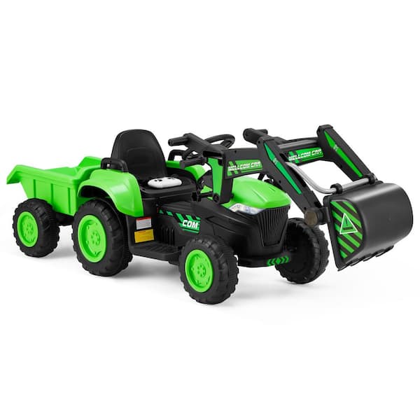 Unbranded 9 in Boys' Electric Digger Truck, 12-Volt Toy Tractor Kids Car with Remote Control, Trailer, Horn and Music, Green