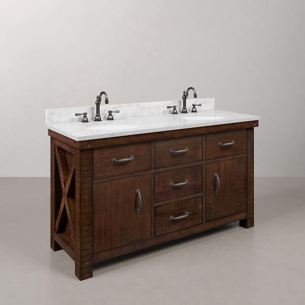 Aberdeen 60 in. W x 22 in. D Vanity in Rustic Sienna with Marble Vanity Top in White with White Basin and Faucet