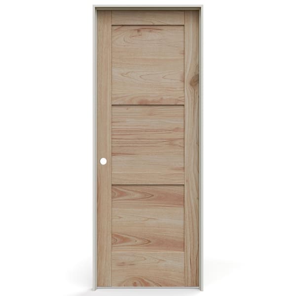 32 in. x 80 in. 3 Panel Right-Handed Solid Core Unfinished White Cedar Wood Single Prehung Interior Door w/ Nickel Hinge