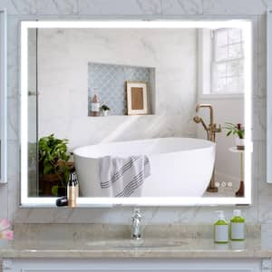 40 in. W. x 32 in. H Rectangular Framed Anti-Fog Wall Bathroom Vanity Mirror in Silver