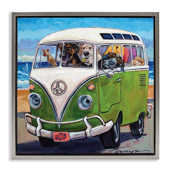 Stupell Industries Dogs Driving Retro Van by CR Townsend 1-Piece Gray Floater Frame Animal Graphic Art Print 25 in. x 25 in.