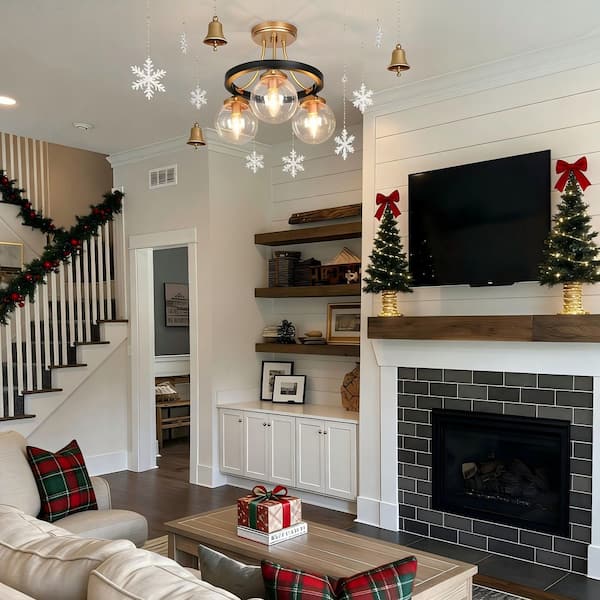 Skubnkoh Modern 14.5 in. 3-Light Black and Gold Cluster Semi-Flush Mount Ceiling Light with Globe Seeded Glass Shade