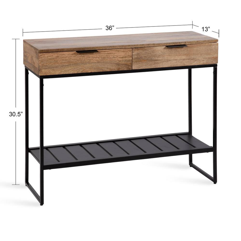 Natural Brown and Black Mango Wood Console Table with Metal Shelf