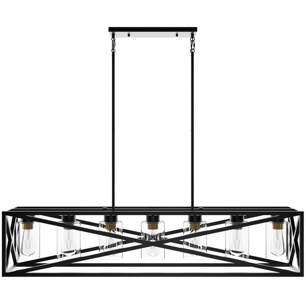 7-Light Black Unique Statement Shaded Square Rectangle Kitchen Island Farmh