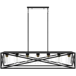 7-Light Black Unique Statement Shaded Square Rectangle Kitchen Island Farmhouse Chandelier with Glass Shade