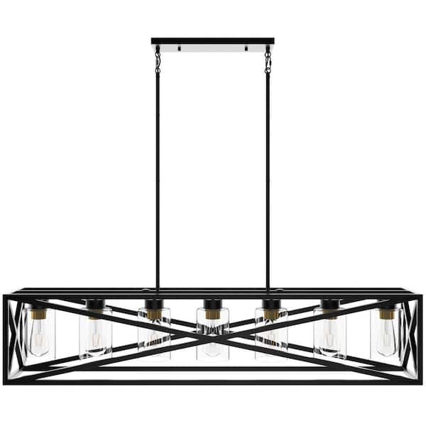 aiwen 7-Light Black Unique Statement Shaded Square Rectangle Kitchen Island Farmhouse Chandelier with Glass Shade