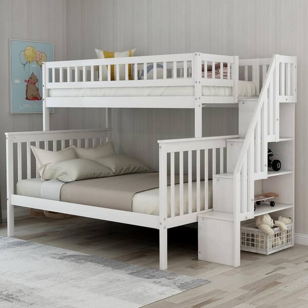 White Twin Over Full Stairway Bunk Bed, White Wood Bunk Beds Twin Over Full