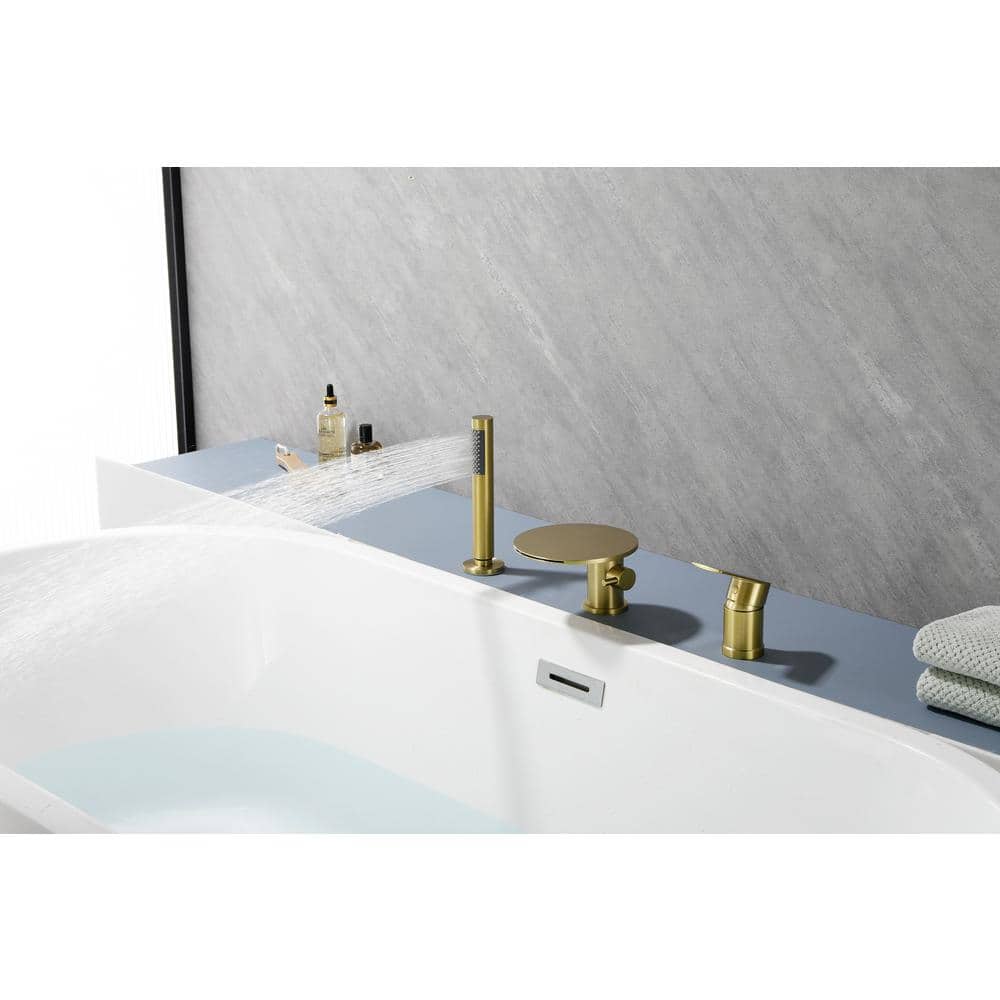 Brushed Gold Solid Brass Deck-Mounted Roman Tub Faucet with Hand Shower