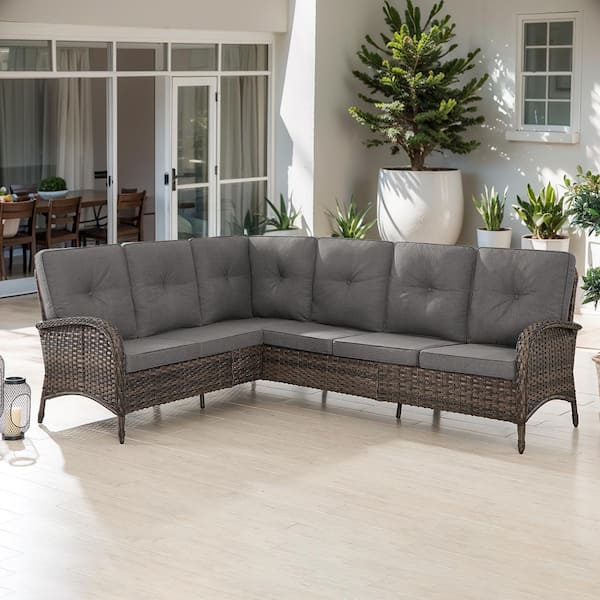 Brown Wicker Outdoor Sectional Sofa, 6-Seater L-Shaped Patio Couch with Gray Cushions, Rattan Conversation Set