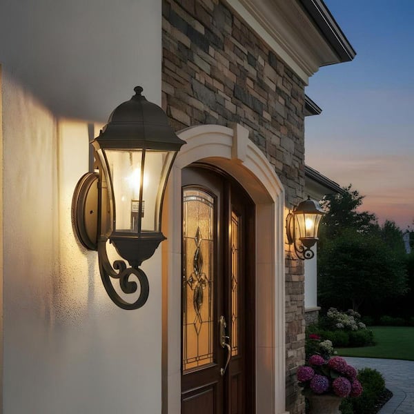 Light Pro 27 in. Black Not Motion Sensing Dusk to Dawn Outdoor Hardwired Wall Lantern Scone with No Bulbs Included