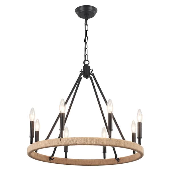 ADSENSTY 8-Light Black Traditional Farmhouse Hanging Wagon Wheel Candlestick Chandelier