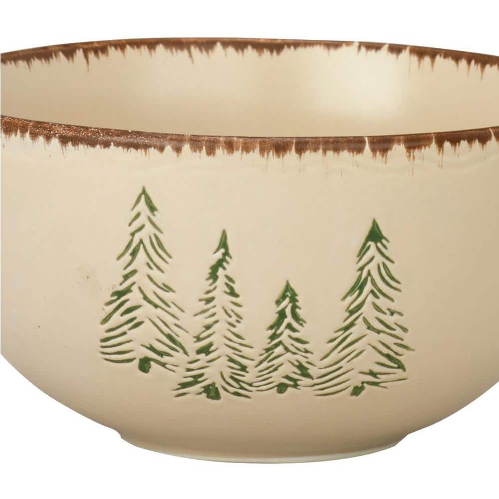 Rustic Retreat Beige and Green Ceramic Cereal Bowls - Set of 4