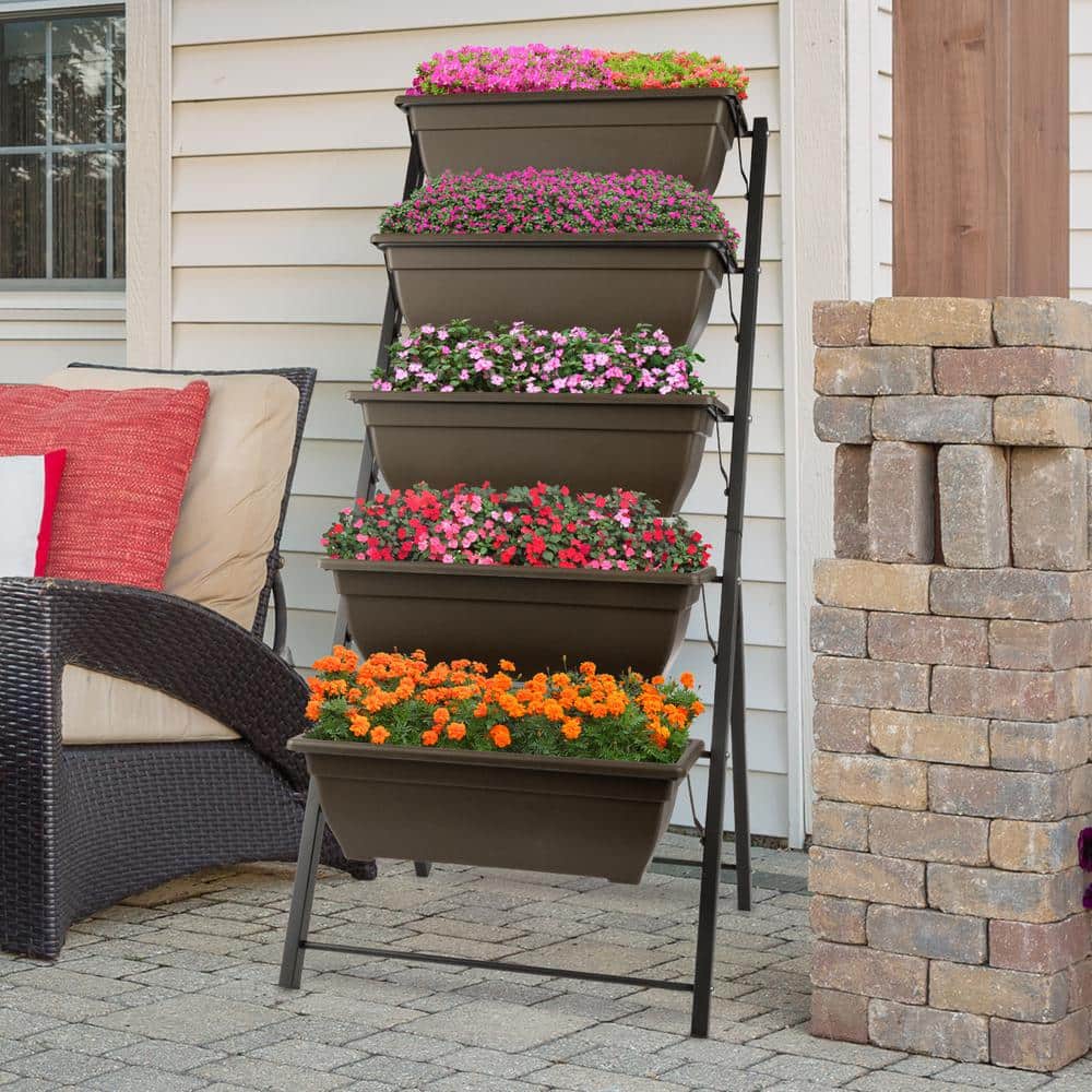 Brown 5-Tier Vertical Outdoor Planter with Steel Frame