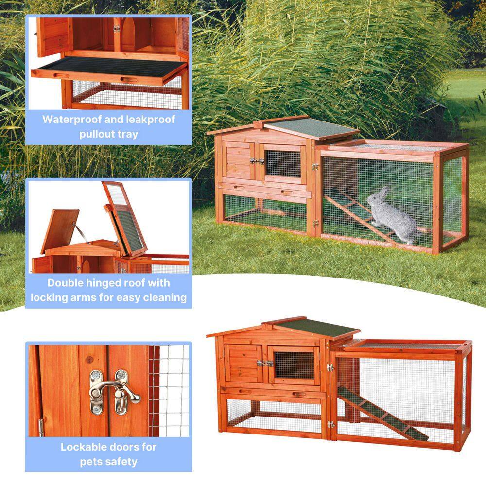 Brown Glazed Pine 2-Story Rabbit Hutch with Outdoor Run