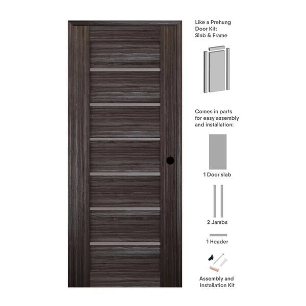 Belldinni 24 in. x 96 in. Alba Left-Hand Solid Core 7-Lite Frosted Glass Gray Oak Wood Composite Single Prehung Interior Door