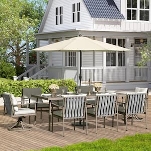 Sunset Retreat 9-Piece Aluminum Outdoor Dining Set with Swivel Chairs and Light Gray Cushions