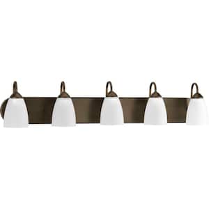 Gather Collection 36 in. 5-Light Antique Bronze Etched Glass Traditional Bathroom Vanity Light