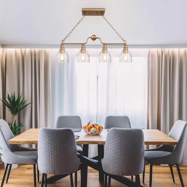 Uolfin Mid-Century Kitchen Island Linear Pendant Light 4-Light Brass Gold Pendant Light with Seeded Glass Shades