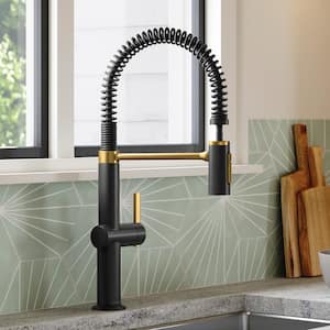 Clarus Semi-Professional Single Handle Pull Down Sprayer Kitchen Faucet in Matte Black with Moderne Brass