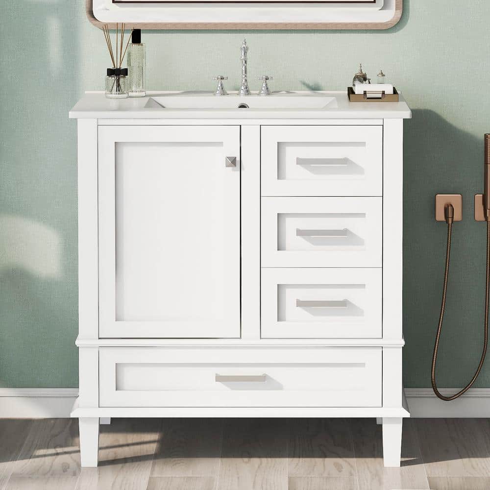 30 in. W x 18 in. D x 34 in. H Freestanding Bath Vanity Storage Cabinet in White with White Ceramic Top, 3-Drawers price history on PriceWatchPro