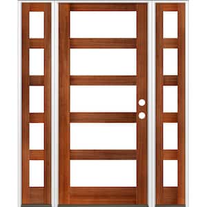70 in. x 96 in. Modern Hemlock Left-Hand/Inswing 5-Lite Clear Glass Red Chestnut Stain Wood Prehung Front Door with DSL