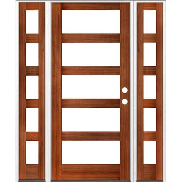 Krosswood Doors 70 in. x 96 in. Modern Hemlock Left-Hand/Inswing 5-Lite Clear Glass Red Chestnut Stain Wood Prehung Front Door with DSL