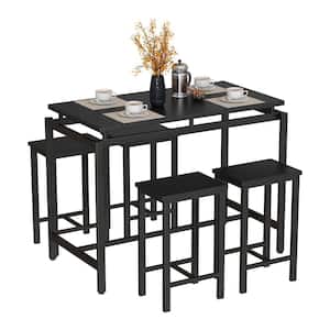 5-Pieces Industrial Black Wood Top Bar Height Kitchen Dining Table Set, Bar Table Set with Footrests and Metal Legs