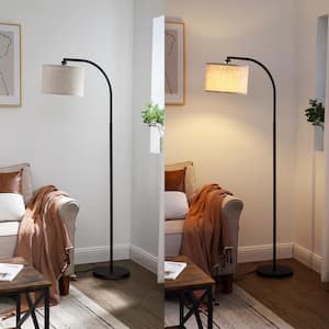 63.4 in. Black 1-Light Arched Floor Lamp for Bed Room with Fabric Drum Shade