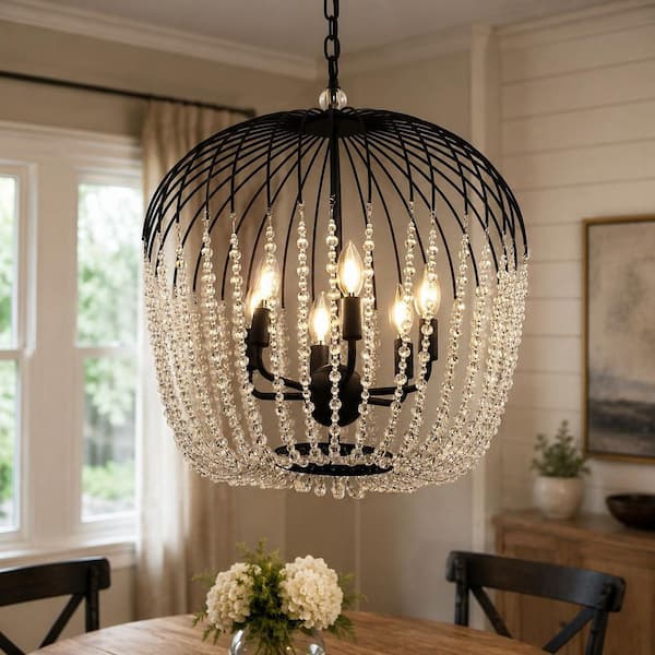 ❀yk❀ YANSUN 6-Light Black Crystal Pendant, Unique Statement Chandelier