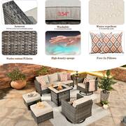 New Vultros Gray 7-Piece Wicker Patio Fire Pit Conversation Seating Set with Beige Cushions Swivel Rocking Chairs