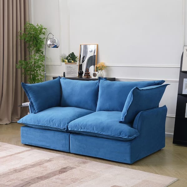 J&E Home 82.66 in. Blue Linen 2-Seater Modular Free Combination Deep Seat Loveseat with Down-Filled Seat Cushions