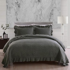 3-Piece Dark Gray Microfiber Queen Ruffled Quilt Set